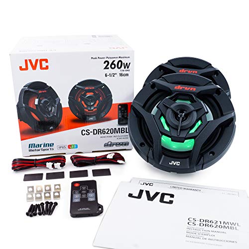 JVC CS-DR620MBL 6.5 Inch Car & Marine, Motor Sports, Car Audio Stereo 2- Way Speakers with Cool Built in RGB LED Lights, Weatherproof IPX5, 260 Watts, UV Protected Grills Included - Black JVC CS-DR620MBL 6.5 Inch Car & Marine, Motor Sports, Car Audio Stereo 2- Way Speakers with Cool Built in RGB LED Lights, Weatherproof IPX5, 260 Watts, UV Protected Grills Included - Black